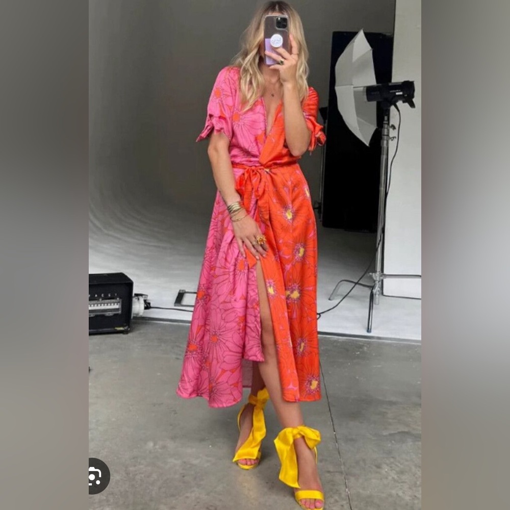 NEVER WORN Floral Orange & Pink Wrap Dress